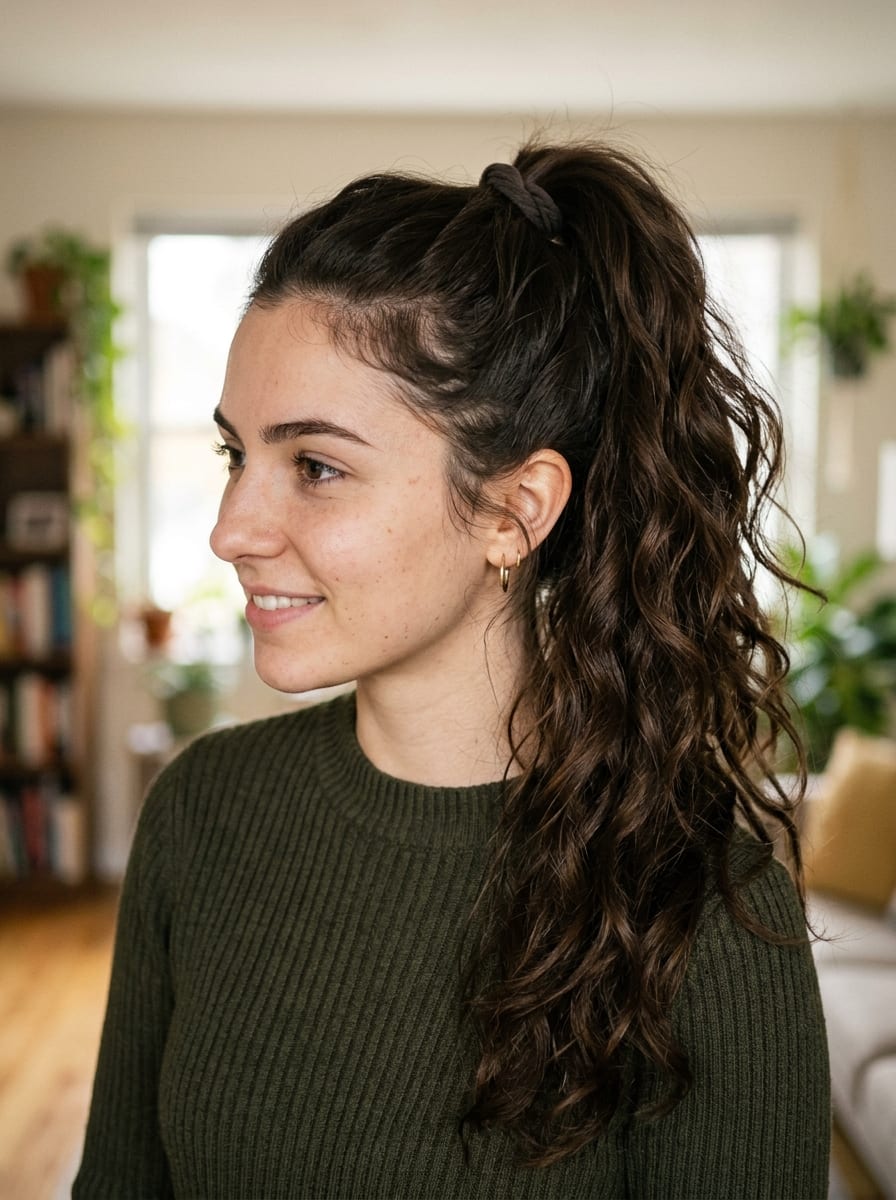 Hoher Ponytail mit welligen Längen - Frisur für wellige Haare